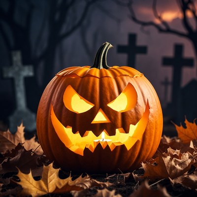 Jack-o'-lantern in haunted graveyard