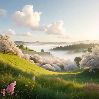 Cherry Blossoms in Misty Valley