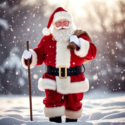 Santa Claus walking in snowy landscape