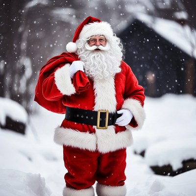 Santa Claus with sack in snowy woods