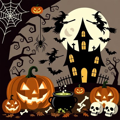 Halloween Witches Flying Over Haunted House