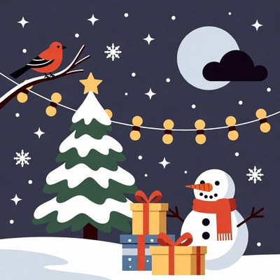 Snowman with Christmas Tree and Cardinal