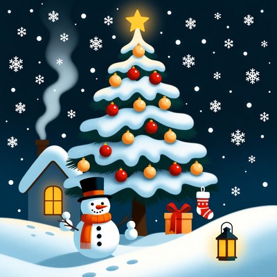 Snowman beside Christmas tree