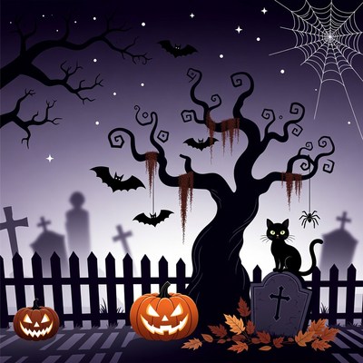 Spooky Halloween Tree with Pumpkins