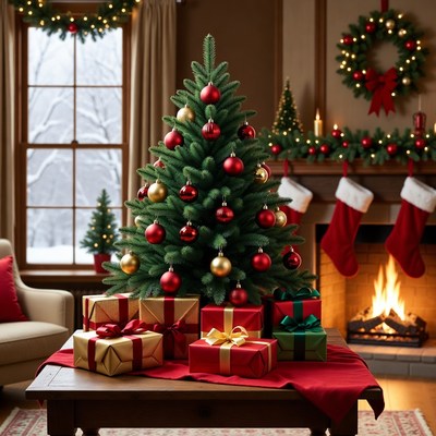 Christmas Tree with Gifts by Fireplace