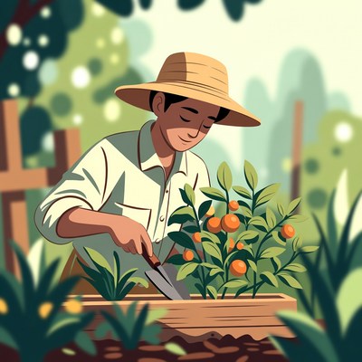 Asian man harvesting oranges in garden