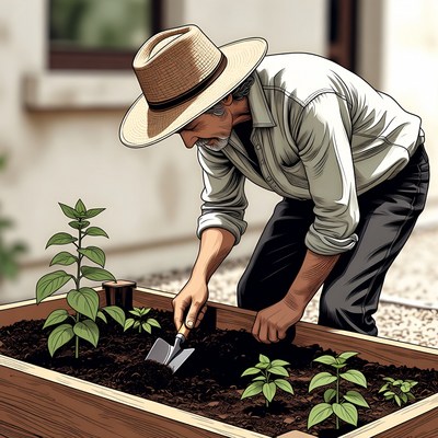 Man gardening in raised bed
