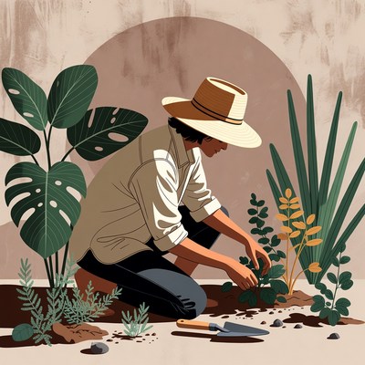 Person gardening with plants and trowel