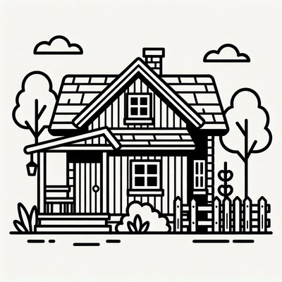 Line Art Cottage with Trees