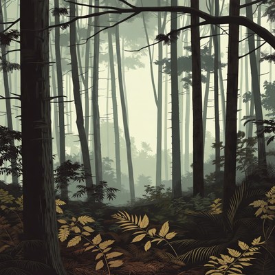 Misty Forest with Tall Trees