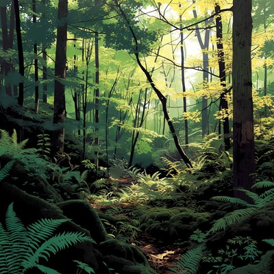 Sunlit Forest Path with Ferns