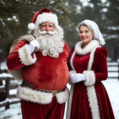 Santa Claus and Mrs. Claus in snowy forest