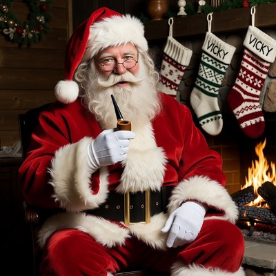 Santa Claus smoking pipe by fireplace