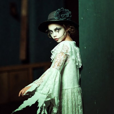 Girl in lace ghost costume by green door