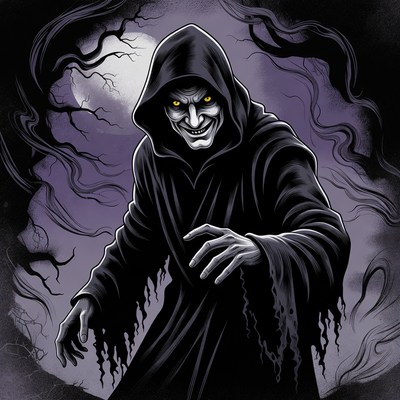 Grimacing hooded grim reaper in dark forest