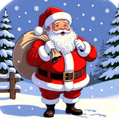Smiling Santa Claus with sack in snowy woods