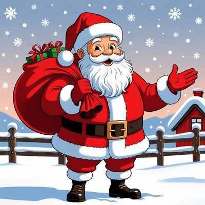 Cartoon Santa Claus with sack and gifts