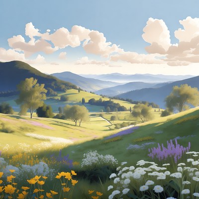 Vibrant Green Valley with Mountains and Wildflowers