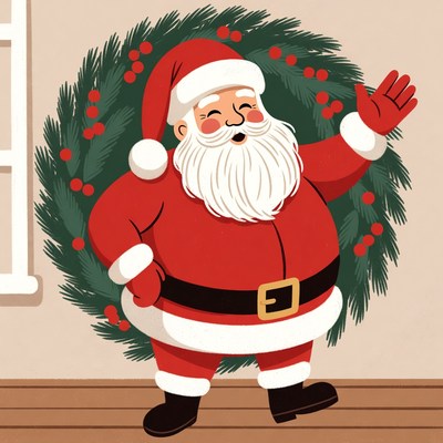 Santa Claus waving with Christmas wreath