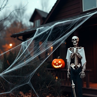 Skeleton on Halloween porch with cobwebs