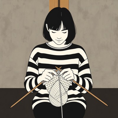 Asian woman knitting illustration