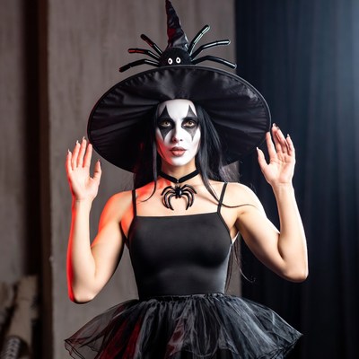 Woman in witch costume with spider hat