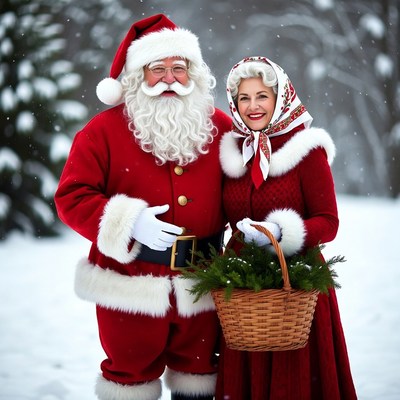 Santa Claus and Mrs. Claus with Christmas wreath