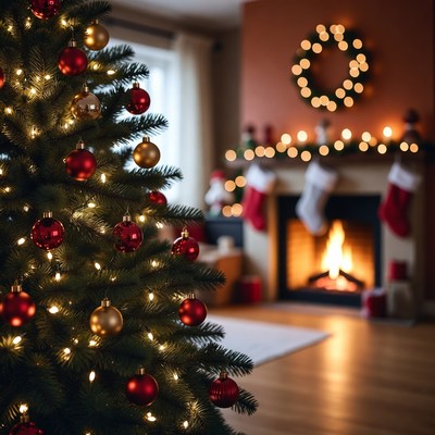 Festive Christmas Tree by Fireplace