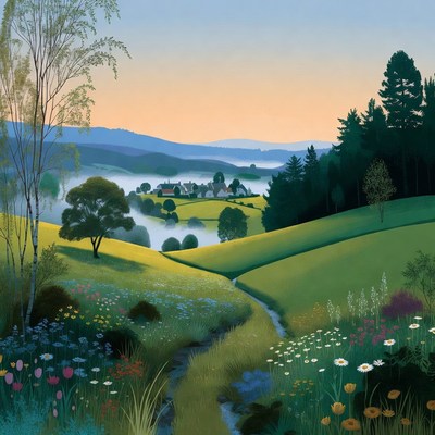 Village in Misty Green Valley