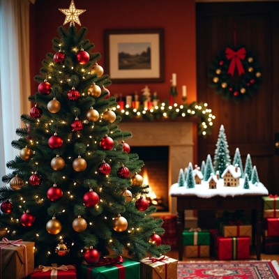 Festive Christmas Tree by Fireplace