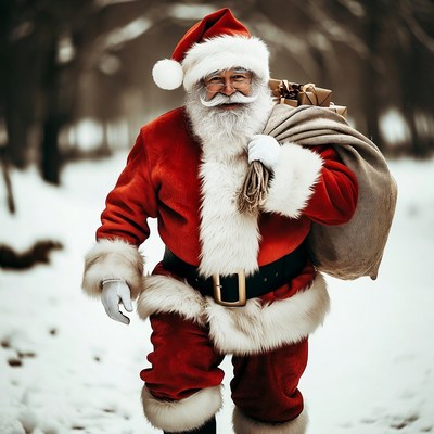 Santa Claus walking in snowy forest