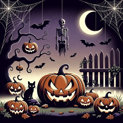 Halloween Pumpkins with Skeleton and Bats