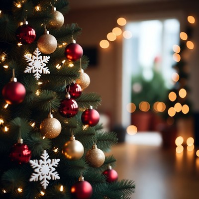 Festive Christmas Tree with Red Gold Ornaments