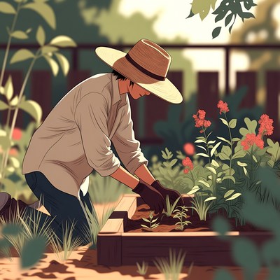 Man gardening in raised bed