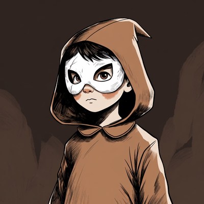 Boy wearing white mask and brown hood