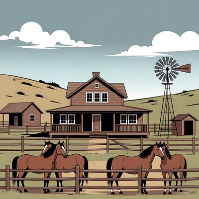 Horses at rustic farm illustration