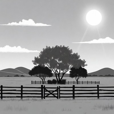 Silhouette Tree and Fence in Sunset Landscape
