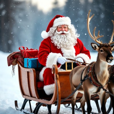 Santa Claus riding sleigh with reindeer