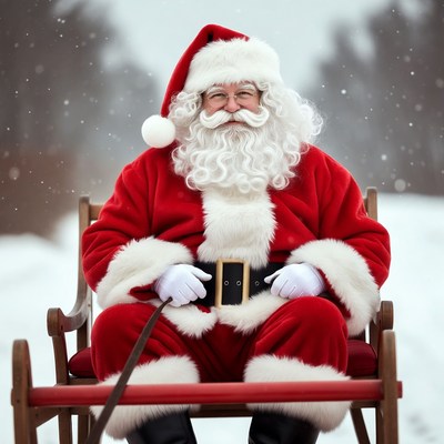 Santa Claus sitting in snowy sleigh