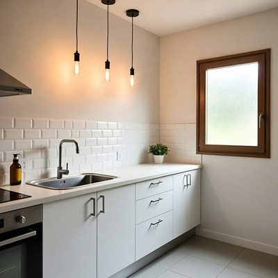 Modern white kitchen with pendant lights