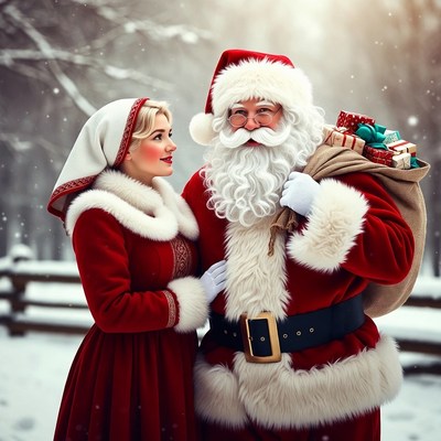 Santa Claus with woman in snowy forest