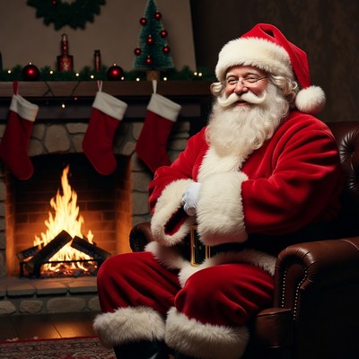 Santa Claus sitting by fireplace