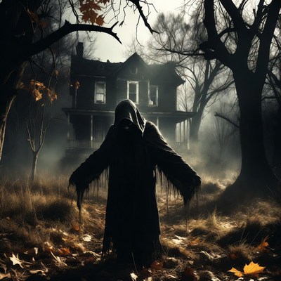 Hooded Figure Before Haunted House