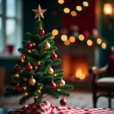 Small lit Christmas tree on table