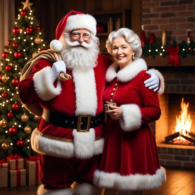 Santa Claus and Mrs. Claus by Christmas tree