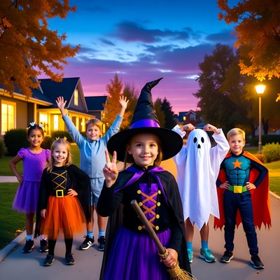 Children in Halloween Costumes Trick-or-Treating