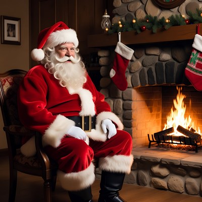 Santa Claus sitting by fireplace