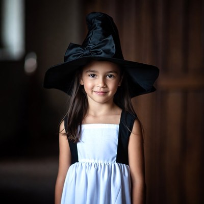 Girl wearing witch hat and dress