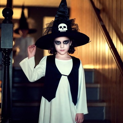 Girl in witch costume on stairs