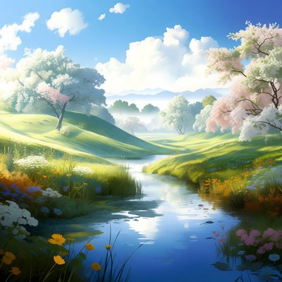 Serene Cherry Blossom Valley Landscape